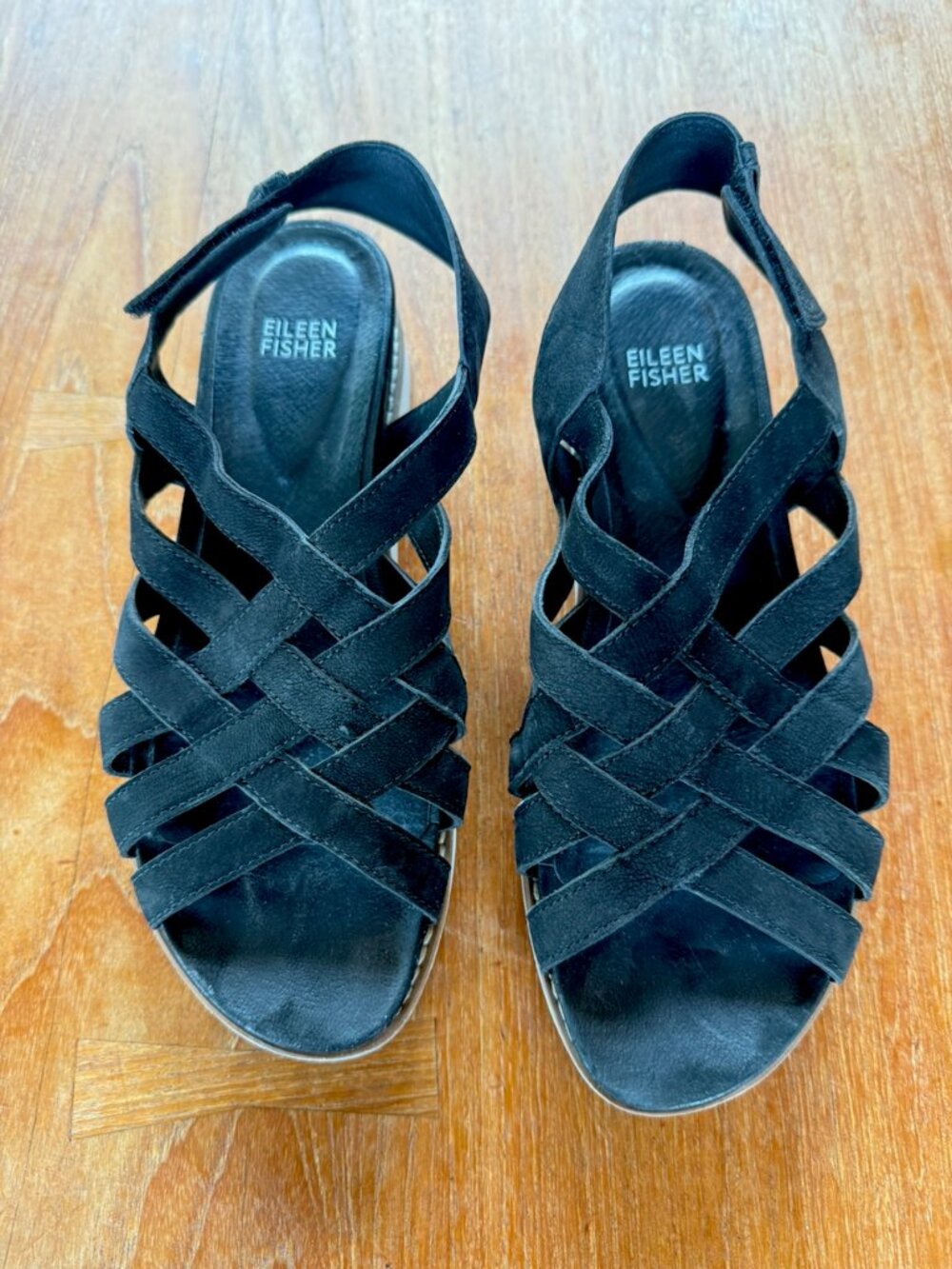 Eileen Fisher black nubuck leather strappy sporty platform sandals, 8.5